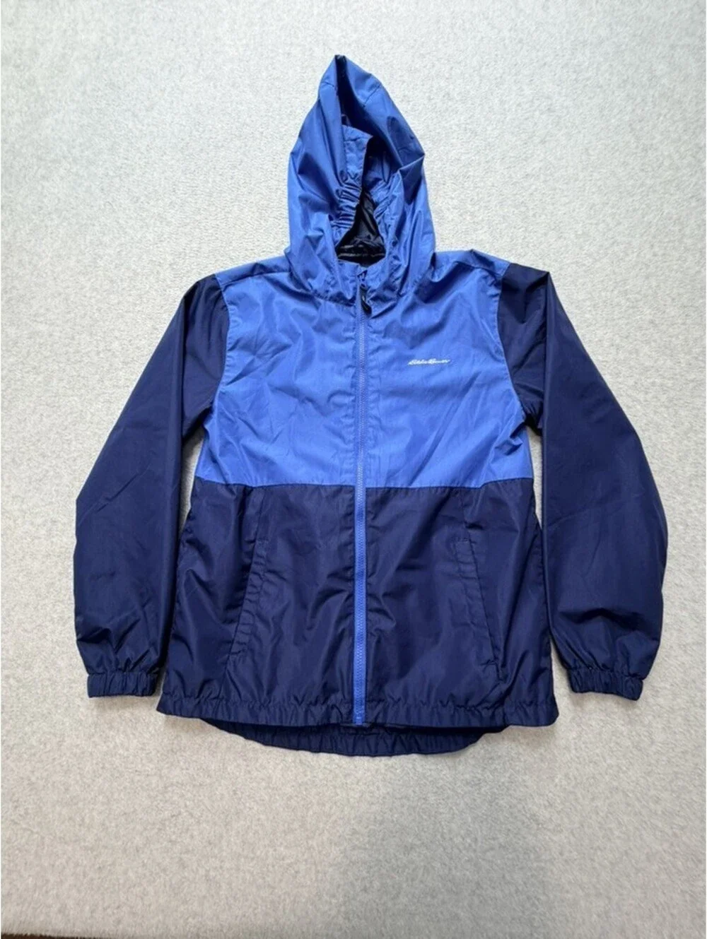 Eddie Bauer Youth Windbreaker Jacket L 14/16 Blue Navy Color Block Hooded Full